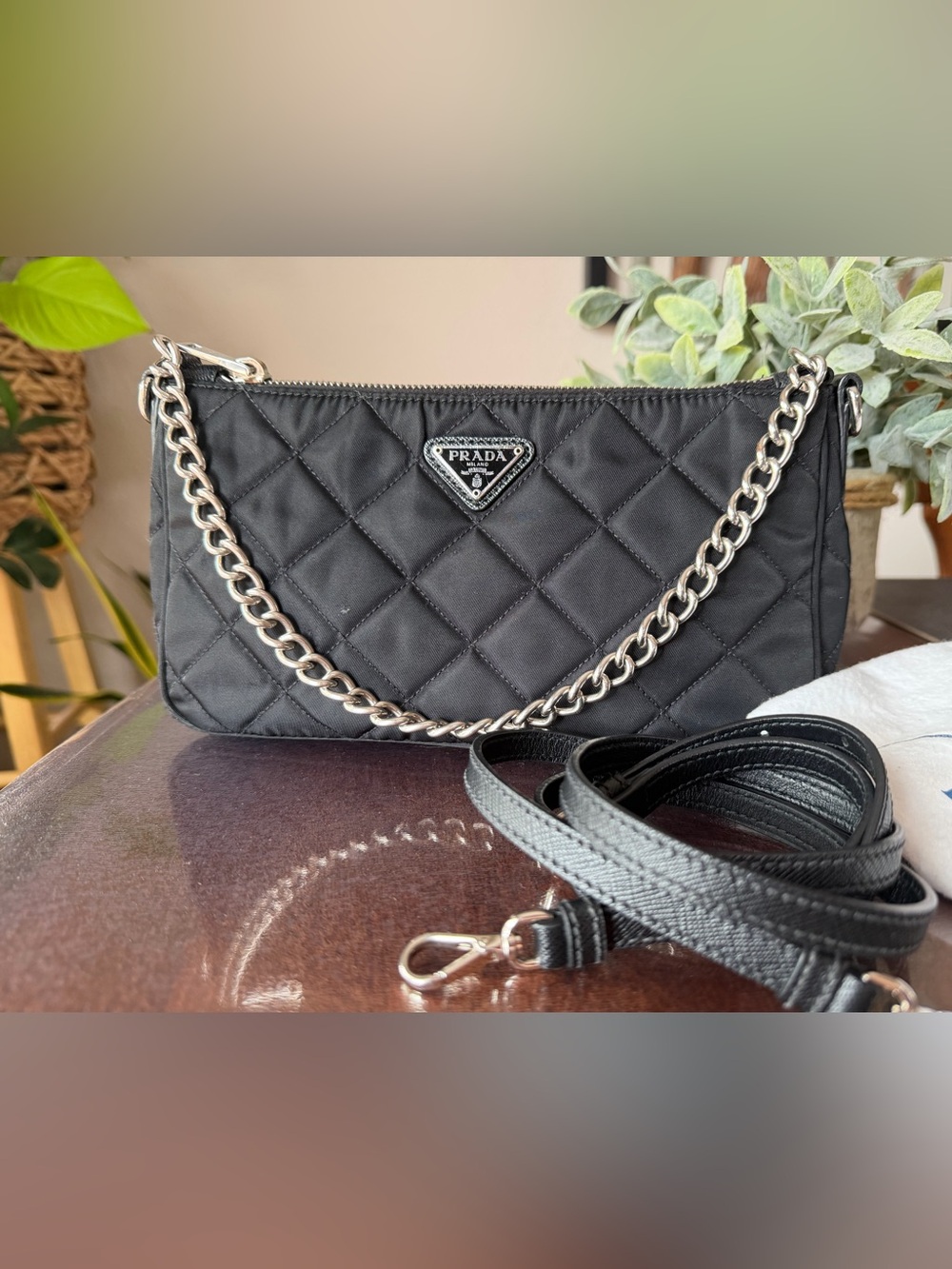 Prada 1BH026 Black Quilted Nylon Mini Shoulder Bag.
